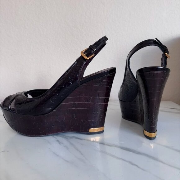 Louis Vuitton Shoes - Louis Vuitton Patent Leather Platforms Wedges Open Toe Clogs | Size 8.5, Medium